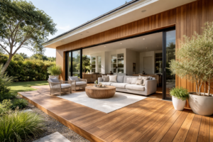 Outdoor area with timber wooden flooring