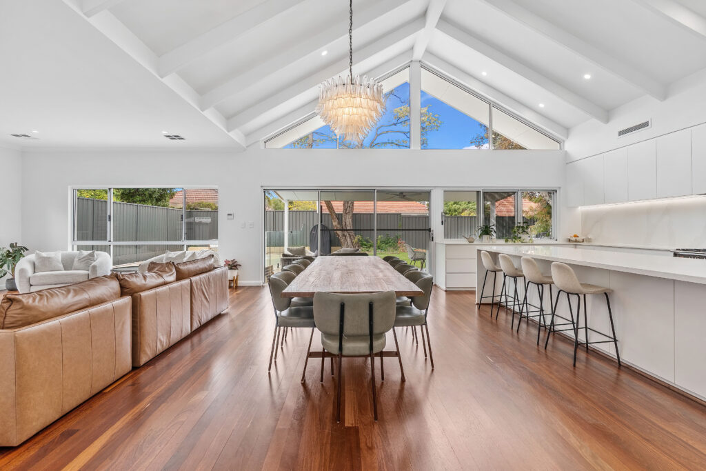 High Raking Ceilings White Roof Wooden Floor Boards Trending Chandelier